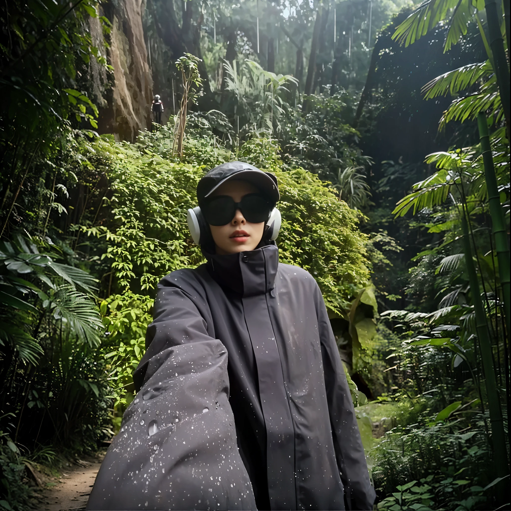 in the jungle, in a bamboo forest, in the jungle, in front of forest background,User photo, covered in plants,