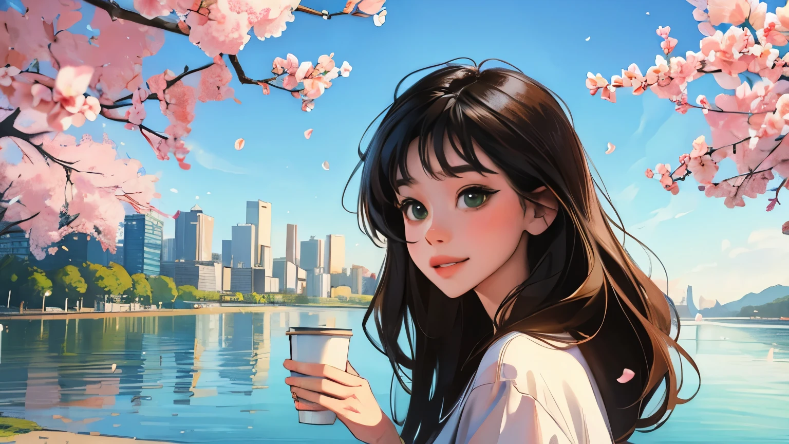 ((masterpiece)),(((bestquality))),((ultra-detailed)) realisticlying, 1 girl, Beautiful, black hair, happy, solo, The sky morning, looking to viewer, soft green, city, lake, ship, BREAK. holding a coffee cup BREAK.trees cherry blossoms