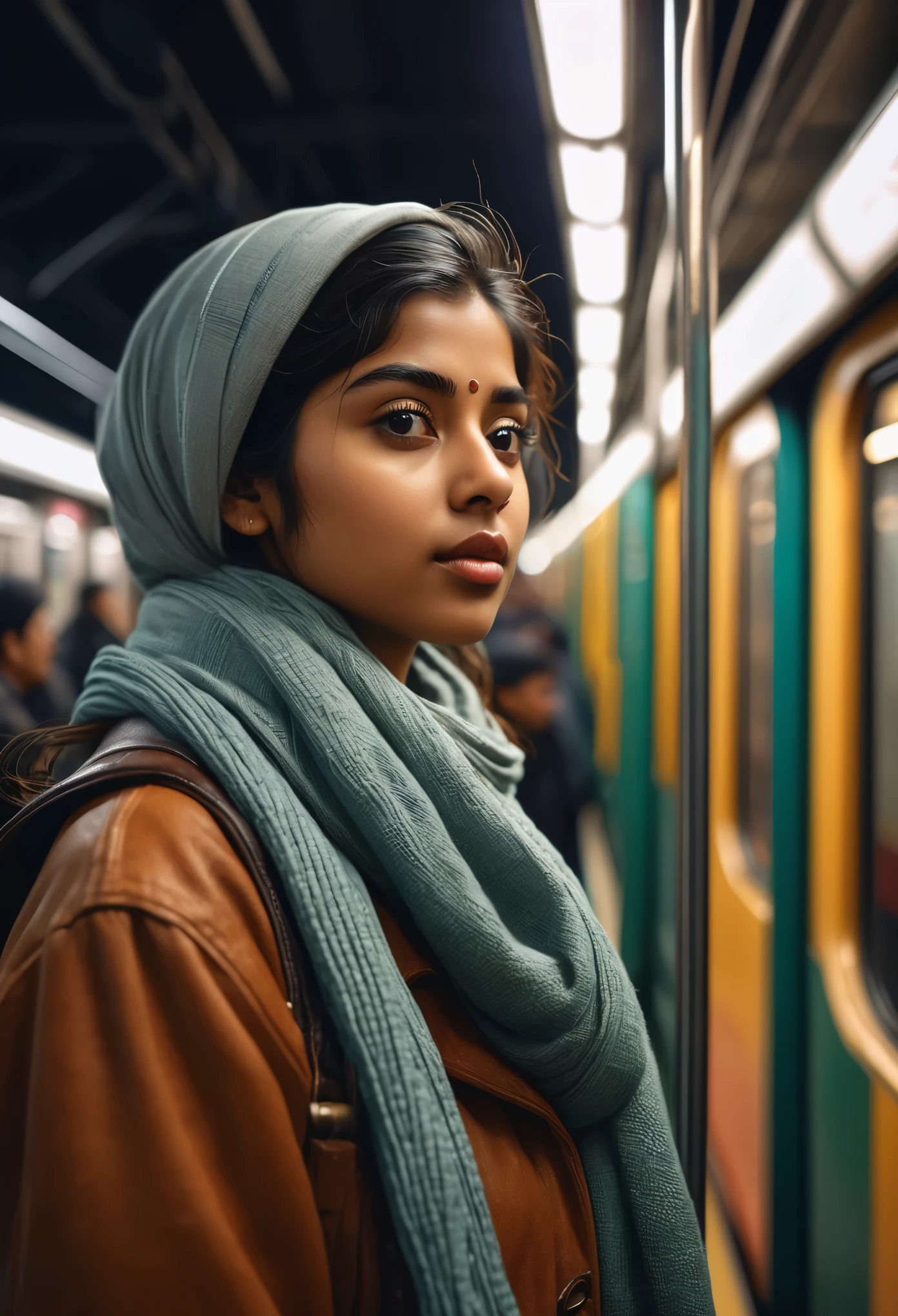 absurdres, Kerala girl , famai, lifelike rendering, chestnut, cowboy shot, side view, looking at viewer, evening, night shot,
a girl inside a subway station, subway train passing behind her, motion blur, (film grain:1.4), winter jacket, scarf, Radiant Comfort, Golden Hour, Cozy Ambiance
RAW photo, (8k, best quality, ultra high res, masterpiece:1.2), beautiful, unparalleled, perfect artwork,
(photorealistic:1.4), (extremely intricate:1.2),
(exquisitely detailed skin),