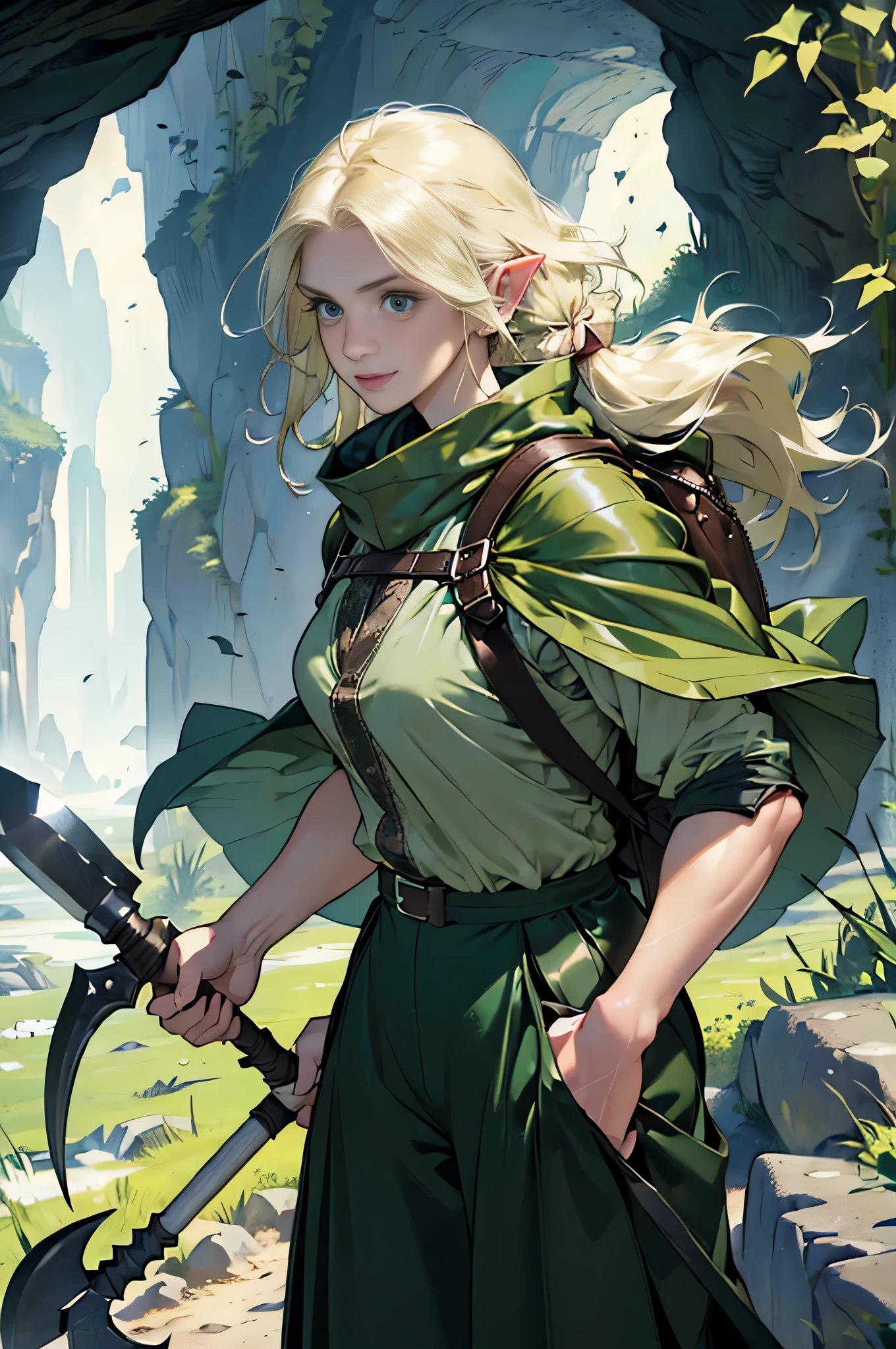 (((((girl))))), masterpiece, super detailed, 8K portrait, Raw photo, female portrait photography, full body, Highly detailed smile, ((fantasy)), (((hobbit))), ((adult)), 45 years old, 110cm, (((cave explorer))), ((white skin)), greenish blonde long wavy hair, twin tails, (wear a helmet), (((long dark green silk cloak))) fluttering in the wind, (((Explorer Costume))), leather groove, (((half pants))), (((big backpack))), (((equip a pickaxe))), midday sun, surreal, slender body, Near the fog castle, environmental lighting, shadow details , focus the camera on the face, strong wind, light fog