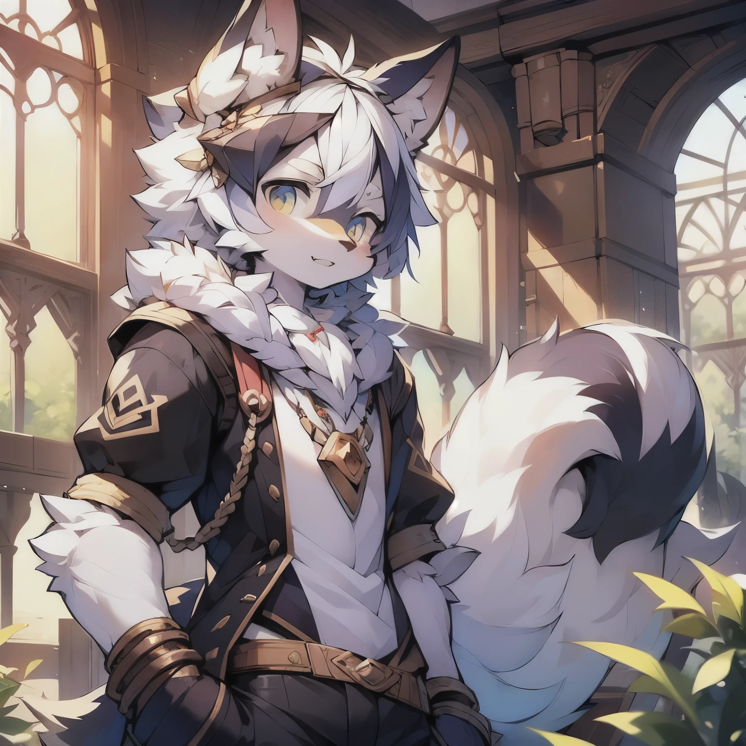 furry,furry wolf,white hair,male,young,little cute,by milkytiger1145,bule eyes,wolf tail,gran detalle,light brown fur,standing,solo sunshine,sky,beautiful scene ,summer,peaceful,shorter pants,(Dark environment 0.8),(Wide angle lens 1.5),masterpiece,high quality