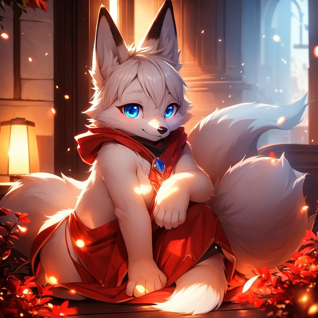 furry, fox, white fur, ultra cute face, blue eyes, red elements on fur, beautiful lights and shadows, ambient light, ultra detailed fur, volumetric light