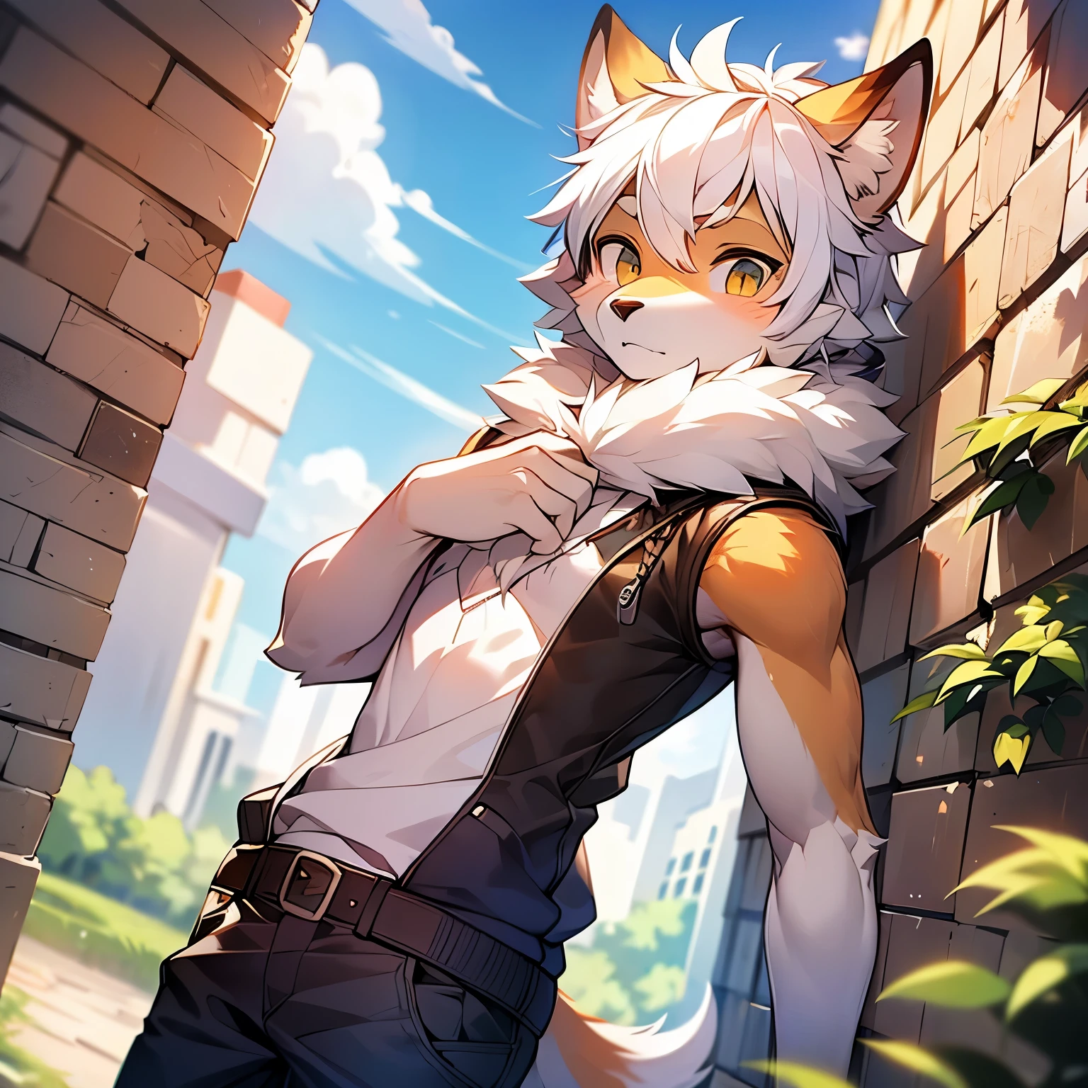 by nekowuwu,by ffjjfjci ,(best quality, masterpiece:1), solo, furry male anthro, portrait, finger claws,cat_boy,orange_fur,no hair, shota,looking at viewer, cat tail,white panties,chest,shy,nervous