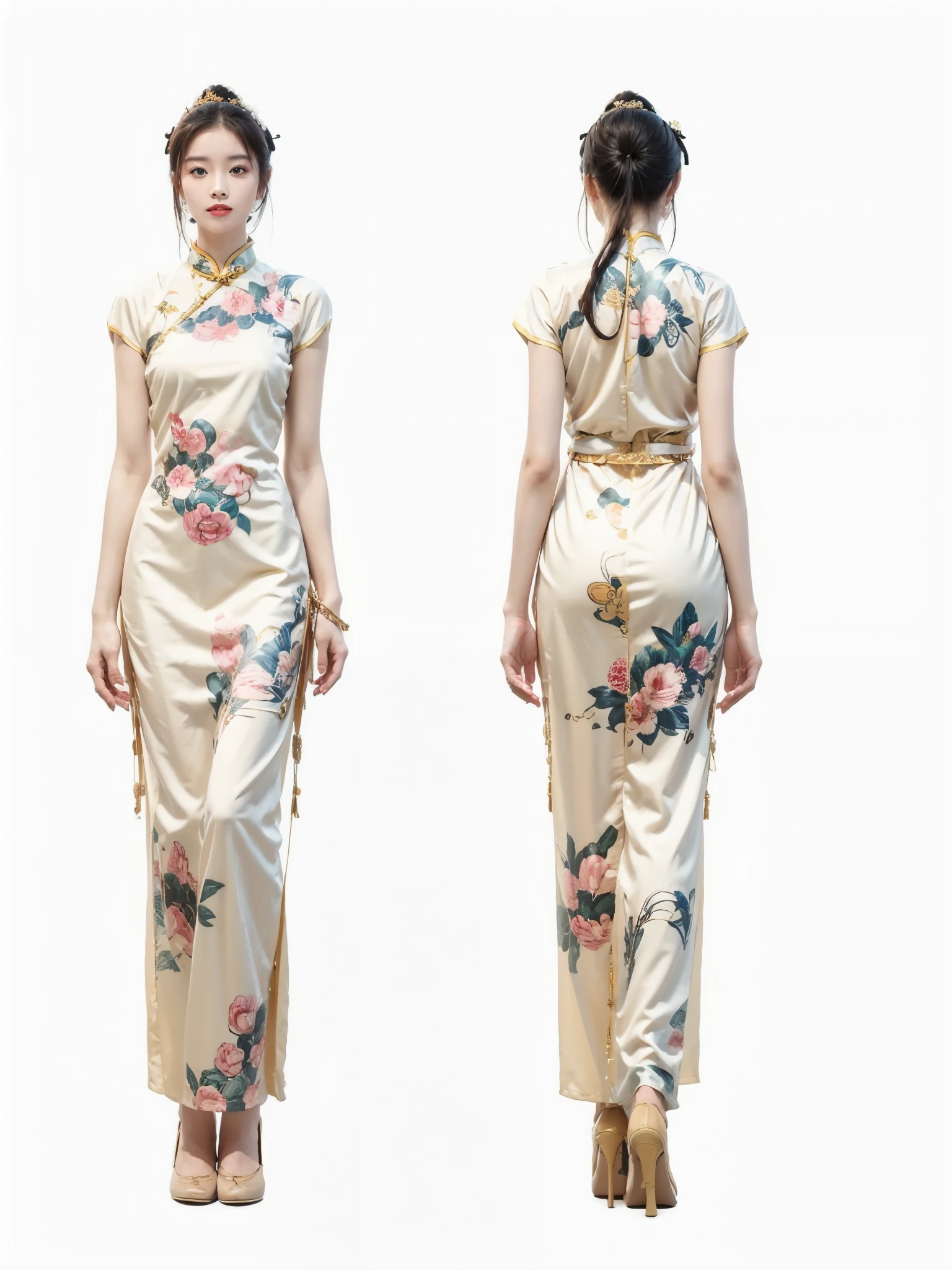 a woman in a skirt，asian women，Perfect woman，tall figure，standing posture，Front back，HD quality，higher masterpiece，illustration，whole body，standing，Standing posture，Show your feet，black hair，中式cheongsam，Goose dress，cheongsam，Flower and bird patterns，Butterfly纹路，Vintage texture，Freehand Chinese painting，Butterfly纹样，Butterfly，Peach blossoms bloom on the branches，, cheongsam, cheongsam, Chinese traditional clothing, Inspired by Guo Xi, fashion design, women&#39;s long skirt, Hanfu, Chinese style pattern, 详细的时尚illustration, Inspired by Dai Xi, Inspired by Wang Lu, Inspired by Zhen Min, Fashion Design, Ao Dai, Pair with Chinese clothing