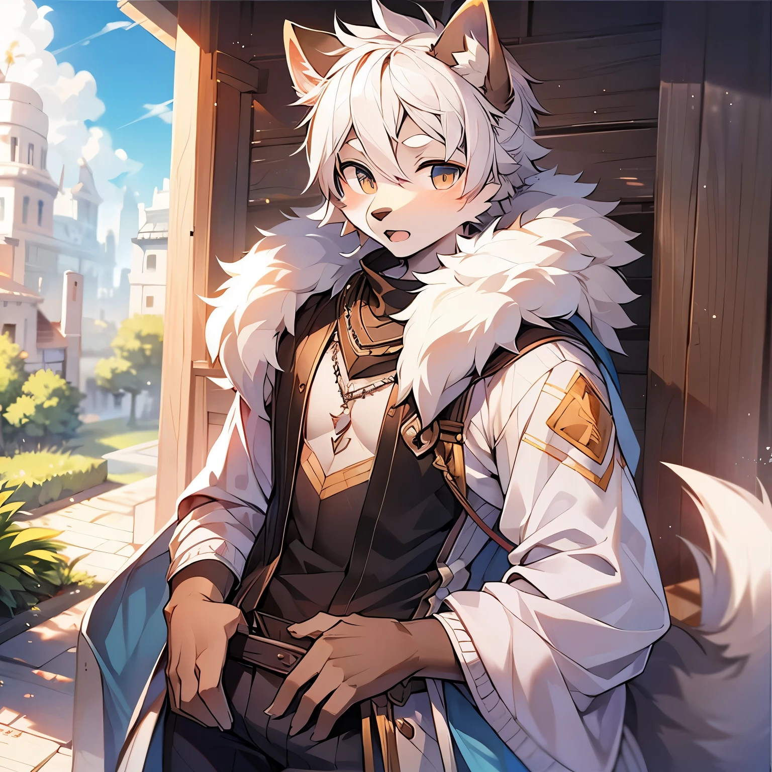 furry,furry wolf,white hair,male,young,little cute,by milkytiger1145,bule eyes,wolf tail,gran detalle,light brown fur,standing,solo sunshine,sky,beautiful scene ,summer,peaceful,shorter pants,(Dark environment 0.8),(Wide angle lens 1.5),masterpiece,high quality