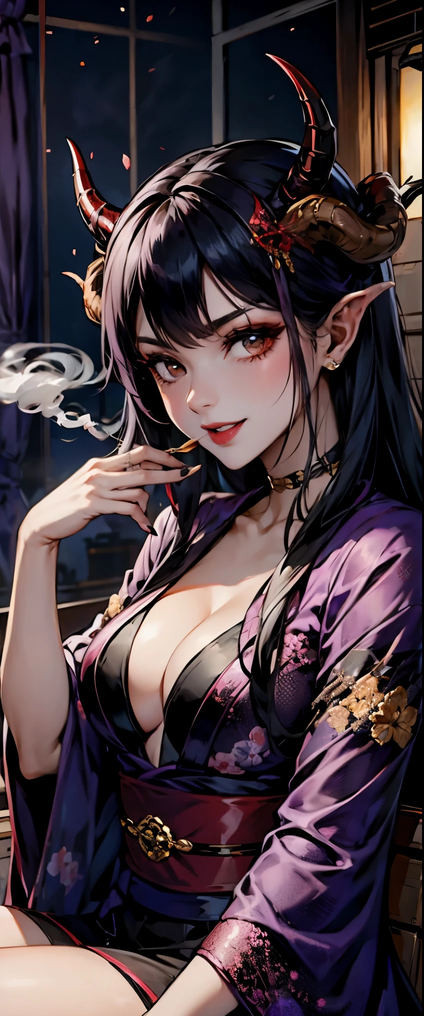 1girl; wearing kimono, sitting on the side and smoking, black hair, black nails, horns, demon girl