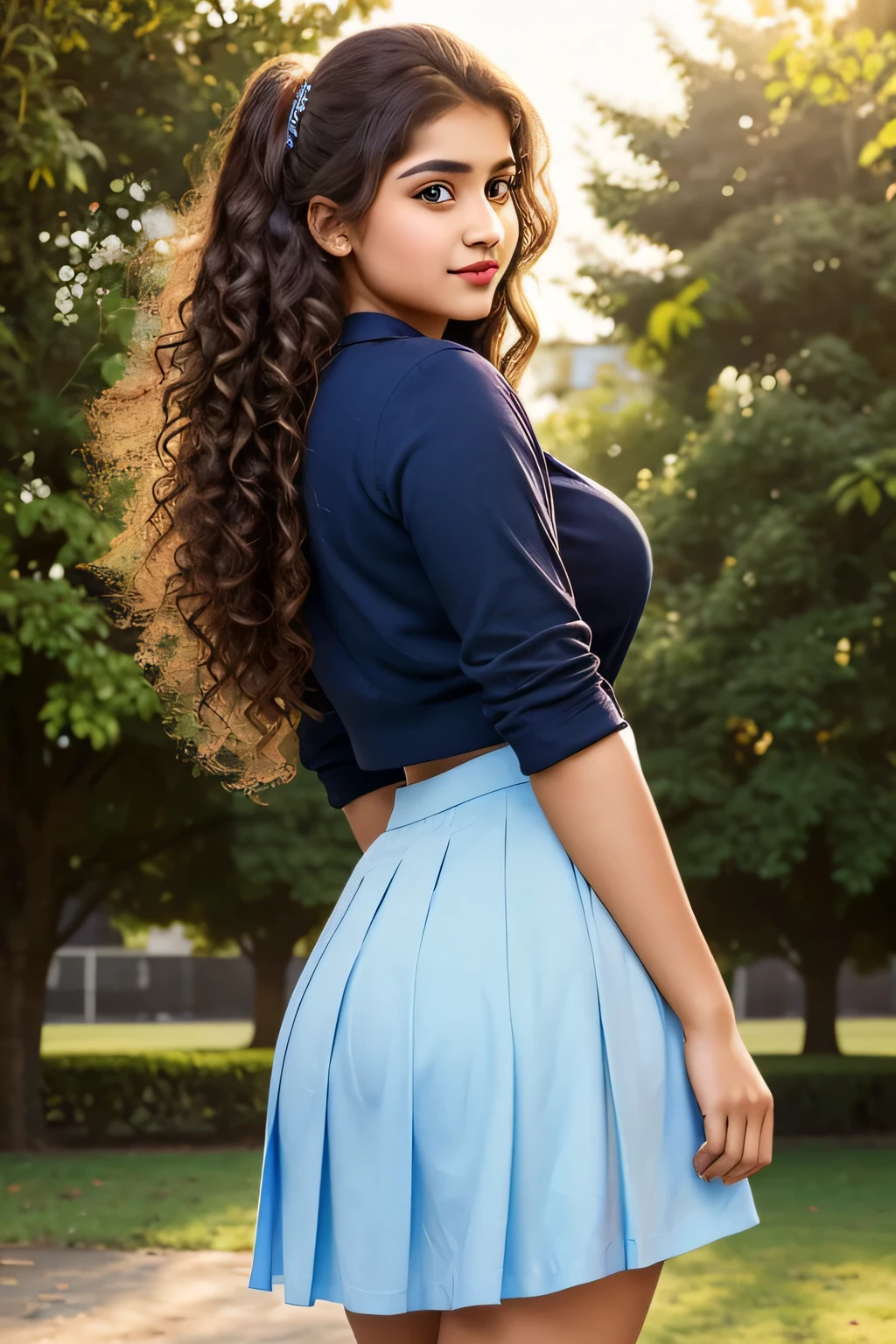 Outdoor image of 21yo  in school school photo in school masterpiece, (photorealistic:1.7), best quality, beautiful lighting, Eleanor Pakistani Woman 20yo Old Big Breasts Plus Size Model random colour beautiful eyes extremely high Bun long extreme curly hair Lifts random split party Skirt. 