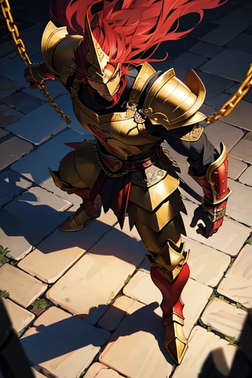 king with golden armor with red shadow power with two chained swords similar to Kratos' closed golden helmet on a medieval warfield