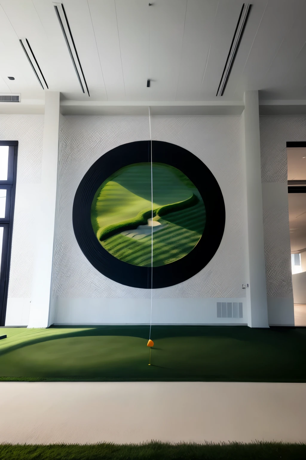 Detailed mural inside golf venue，Simple advanced style，Focus on front display wall round crafts enlargement，Lawn floor，mural wall，Modern minimalist style，Black, white and gray，Simple，advanced，Business social attributes，HD