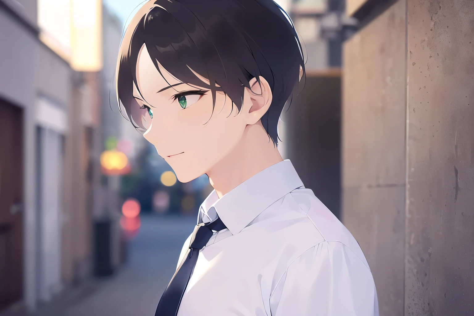 (looking away:1.5)、masterpiece、highest quality、(25 year old male:1.5) and (brown short hair) and (green eyes), wearing a suit、wearing a white shirt、Wearing a blue tie、walking、smile、background is outside、(Alone:1.5)、Upper body is shown、