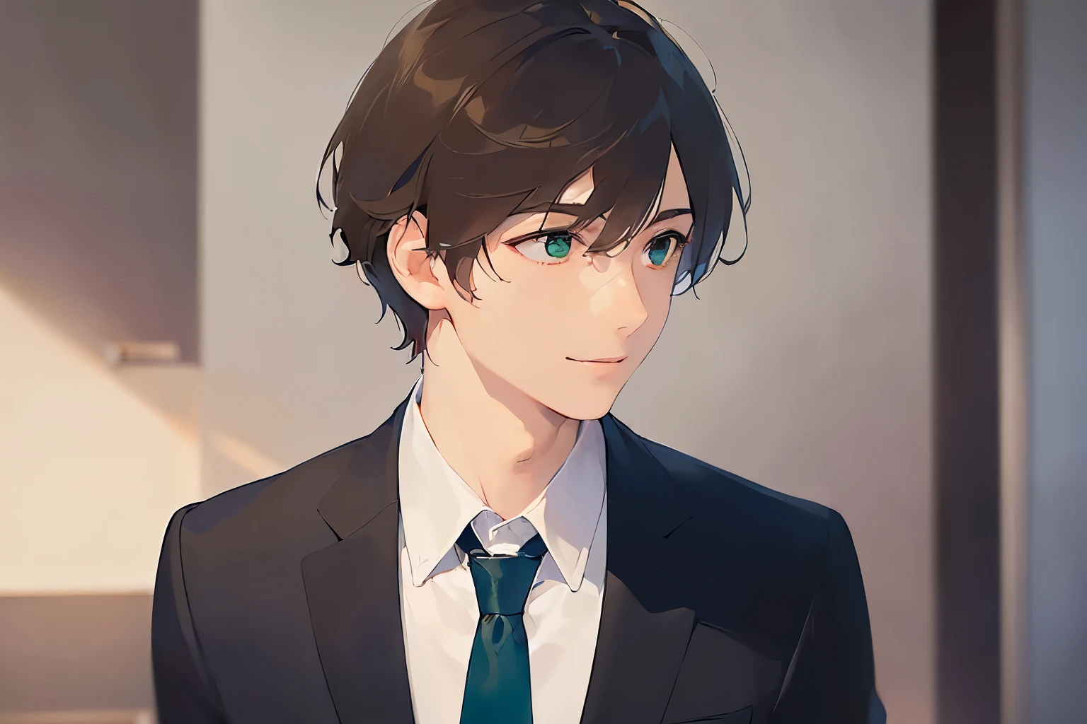 (looking away:1.5)、masterpiece、highest quality、(25 year old male:1.5) and (brown short hair) and (green eyes), wearing a suit、wearing a white shirt、Wearing a blue tie、walking、smile、background is outside、(Alone:1.5)、close up of your face、Upper body is shown、