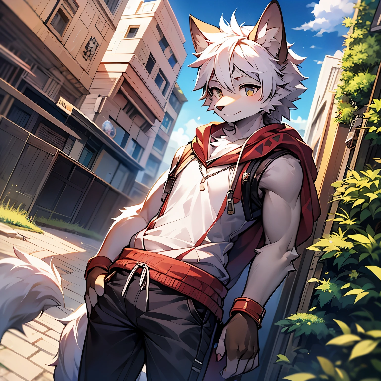 furry,furry wolf,white hair,male,young,little cute,by milkytiger1145,bule eyes,wolf tail,gran detalle,light brown fur,standing,solo sunshine,sky,beautiful scene ,summer,peaceful,shorter pants,(Dark environment 0.8),(Wide angle lens 1.5),masterpiece,high quality