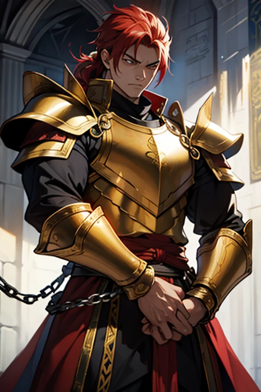 young adult king with golden armor with red shadow power with two chained swords similar to Kratos' closed golden helmet on a medieval warfield