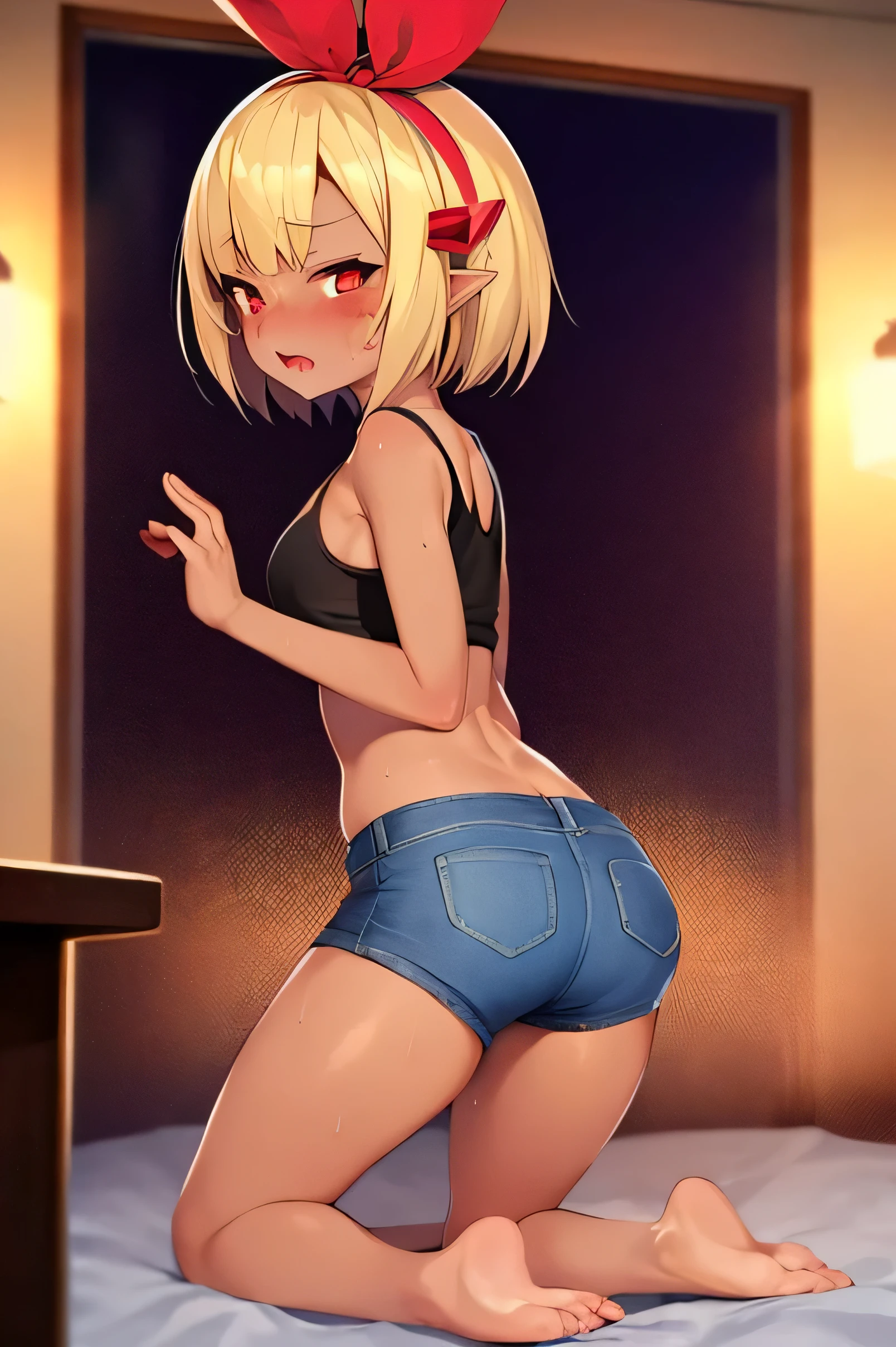 2D，highest quality，(masterpiece)，(full body)，ugly，blonde，1 girl，，young，small ears，healthy dark skin，黒のdenim hot pants，Tank top，barefoot，barefoot，attractive thighs，butt，(red ribbon on head )，share，Bedroom，get drunk，Sweat，Upper grade，cheeks are bright red，(kneeling pose)， (wave hands)，Cute with bruises，erotic，i feel it，denim hot pants，night，breathing heavily，female brat，A devilish brat