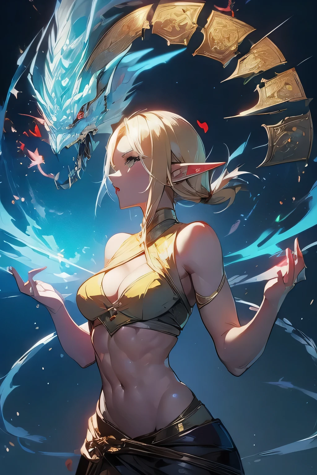 ((masterpiece, best quality)), (elf ears), female elf, female blonde elf with blue eyes casting a spell, stunning character art, character art, of a beautiful female elf, athletic body, muscular:1.4, Well trained: 1.4, abs: 1.4, epic exquisite character art, character art portrait, rossdraws 1. 0, high quality digital concept art, beautiful female warrior