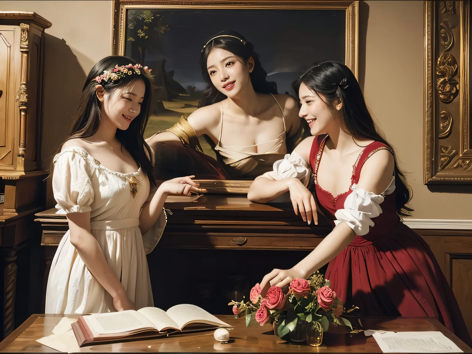 Giorgione painting style,Arguments of two female Philosophe,math、astronomical machine、astronaut、roses in vase、fruits、Cute trinkets、smile、ancient greek costume、Ancient Roman landscape in the style of Nicolas Poussin,laughter,,Sweet and seductive appearance.、Caravaggio's paintings、Chiaroscuro of Caravaggio、hair tousled by the wind,Two women frolicking,cute smile, expression of ecstasy,Sexy,erotic