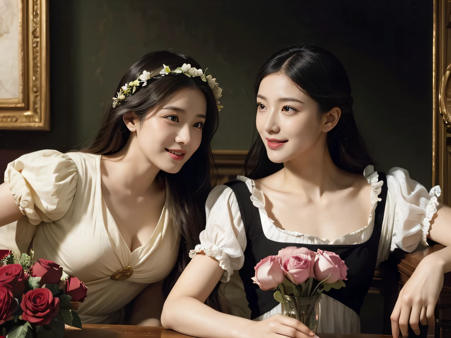 Giorgione painting style,Arguments of two female Philosophe,math、astronomical machine、astronaut、roses in vase、fruits、Cute trinkets、smile、ancient greek costume、Ancient Roman landscape in the style of Nicolas Poussin,laughter,,Sweet and seductive appearance.、Caravaggio's paintings、Chiaroscuro of Caravaggio、hair tousled by the wind,Two women frolicking,cute smile, expression of ecstasy,Sexy,erotic