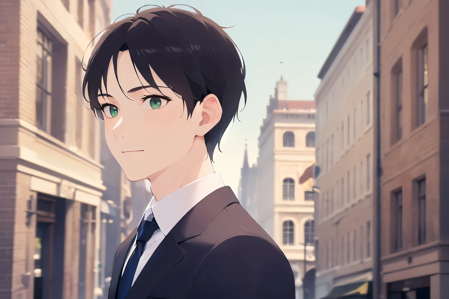 (looking away:1.5)、masterpiece、highest quality、(25 year old male:1.5) and (brown short hair) and (green eyes), (wearing a suit:1.3)、wearing a white shirt、Wearing a blue tie、walking、smile、background is outside、(Alone:1.5)、Upper body is shown、