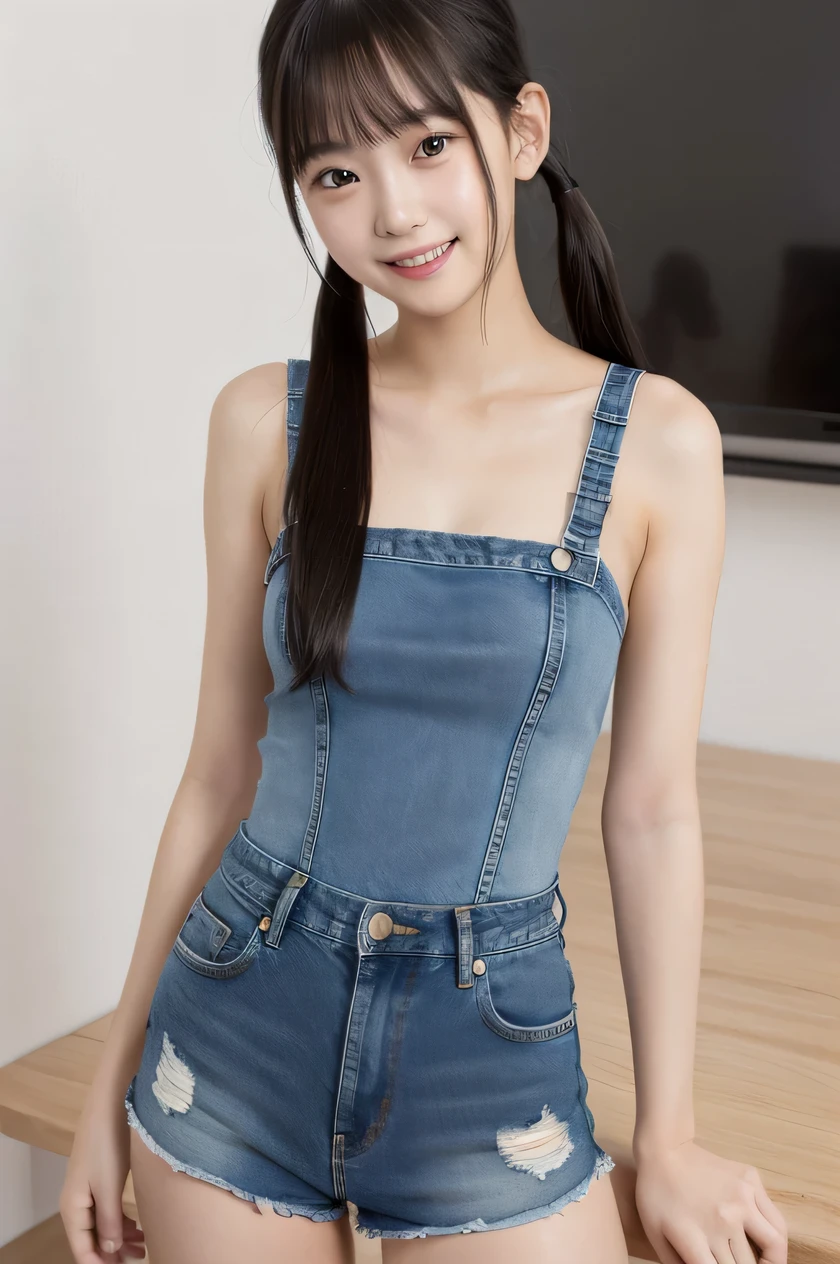 The beauty of 8K raw photos:2.0, twin tail, 18years old, great face and dark eyes, looking at the viewer, smile full of joy:1.6, show teeth, dynamic pose, spread leg, (denim shorts:1.2), shinny skin, realistic:1.9, very detailed, High resolution RAW color photos, professional photos, Taken at the studio, plain wallpaper, girl sexy portrait