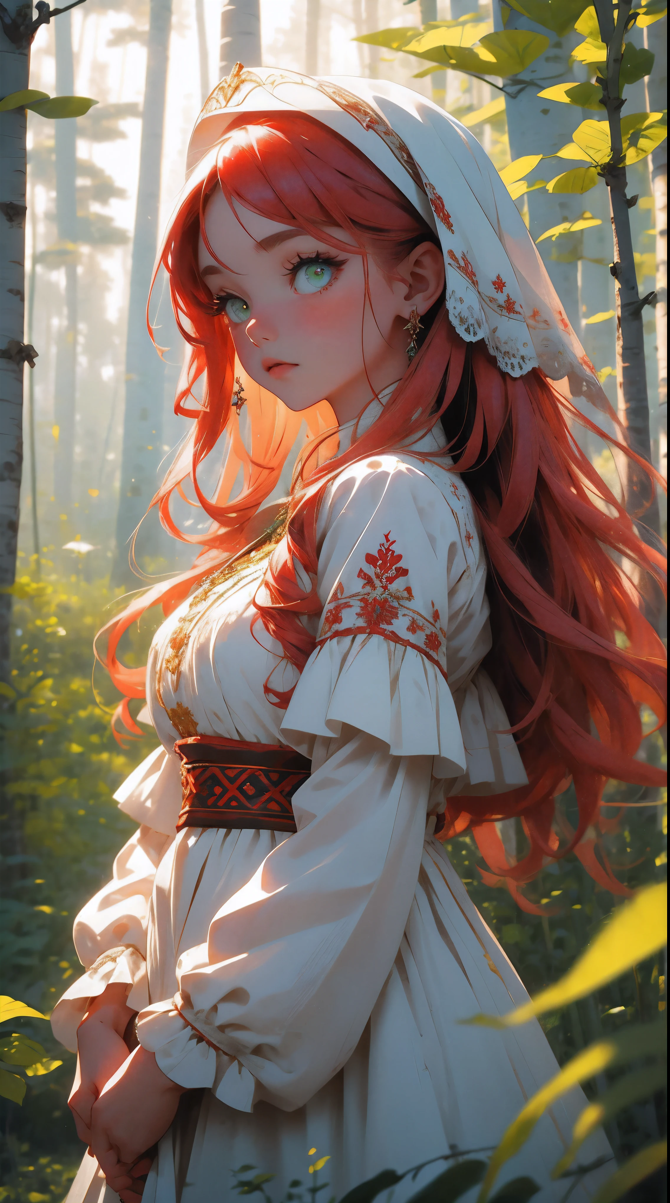 a very beautiful Slavic Ukrainian girl in a traditional white dress with embroidery with long wavy red hair and green eyes, village, early morning, forest with birch trees