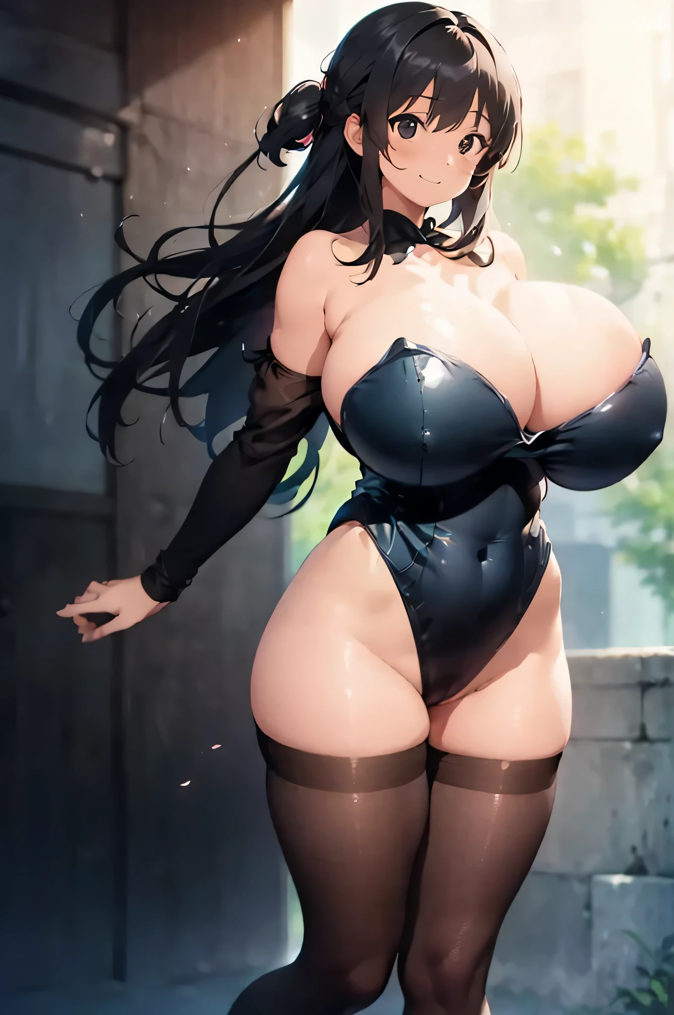 (1 girl:1.5),(Smile Beam:1.5),(full body:1.5),((huge breasts:1.8)),(huge saggy breasts:1.8), cleavage,((strapless:2.0)),((leotard:2.0)),((High leg:1.5), 20-year-old,masterpiece,hyper quality, very detailed,perfect picture,3D,8K,High resolution,seductive anime girl, medium hair:1.3,black hair,(black eye:1.5),sporty hairstyle,Smooth anime CG art,