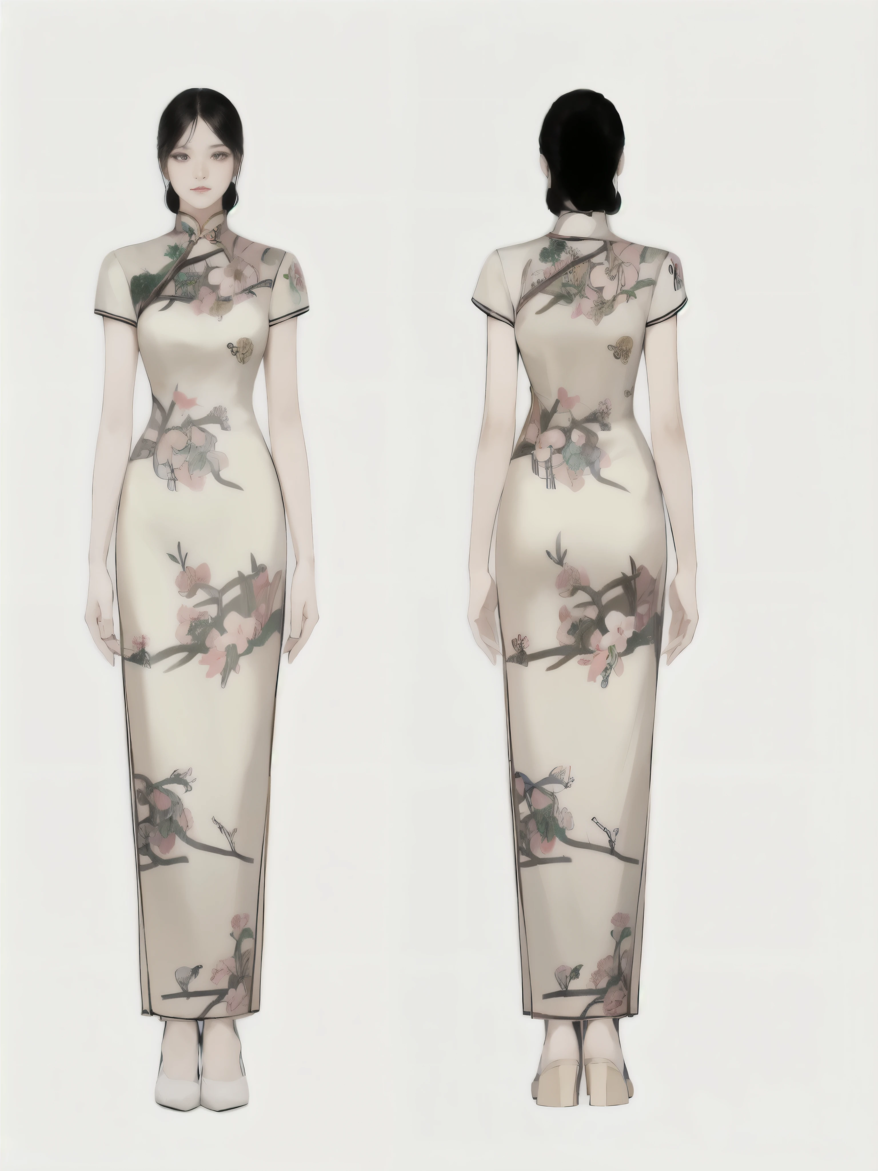 Miss in skirt,asian Miss,perfect Miss,tall figure,eternal posture,Before and after,亚洲Miss,完美Miss,tall figure,permanent posture,Before and after,HD quality,higher masterpiece,illustration,whole body,permanent,standing posture,show your feet,black hair,中式cheongsam,Goose yellow,cheongsam,Flower and bird patterns,Butterfly纹路,Vintage textures,Freehand Chinese painting,Butterfly纹样,Butterfly,Peach blossoms bloom on the branches,HD quality,higher masterpiece,illustration,whole body,eternal,permanent posture,show your feet,black hair,中式cheongsam,cheongsam,Flower and bird pattern,Butterfly纹路,Vintage texturess,Freehand Chinese painting,Butterfly纹样,Butterfly,Peach blossoms bloom on the branches,, cheongsam, cheongsam, Chinese traditional clothing, Inspired by Guo Xi, fashion design, Miss's long skirt, hanfu, Chinese style pattern, 详细的时尚illustration, Inspired by Dai Xi, Inspired by Wang Lu, Inspired by Zhen Min, fashion design, Ao Dai, Pair with Chinese clothing