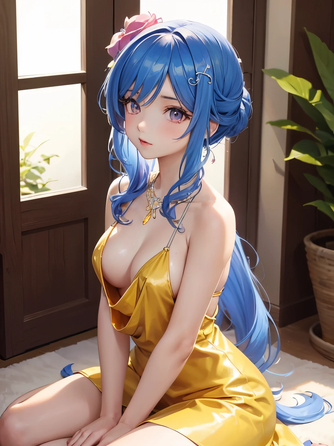 anime girl sitting on the floor with a flower in her hair, beautiful anime girl, pretty anime girl, cute anime girl, attractive anime girl, an anime girl, seductive anime girl, young anime girl, anime girl, in a yellow hot dress, anime visual of a cute girl, cute anime waifu in a nice yellow hot dress, realistic young anime girl, beautiful anime portrait, beautiful, hot, blonde hair