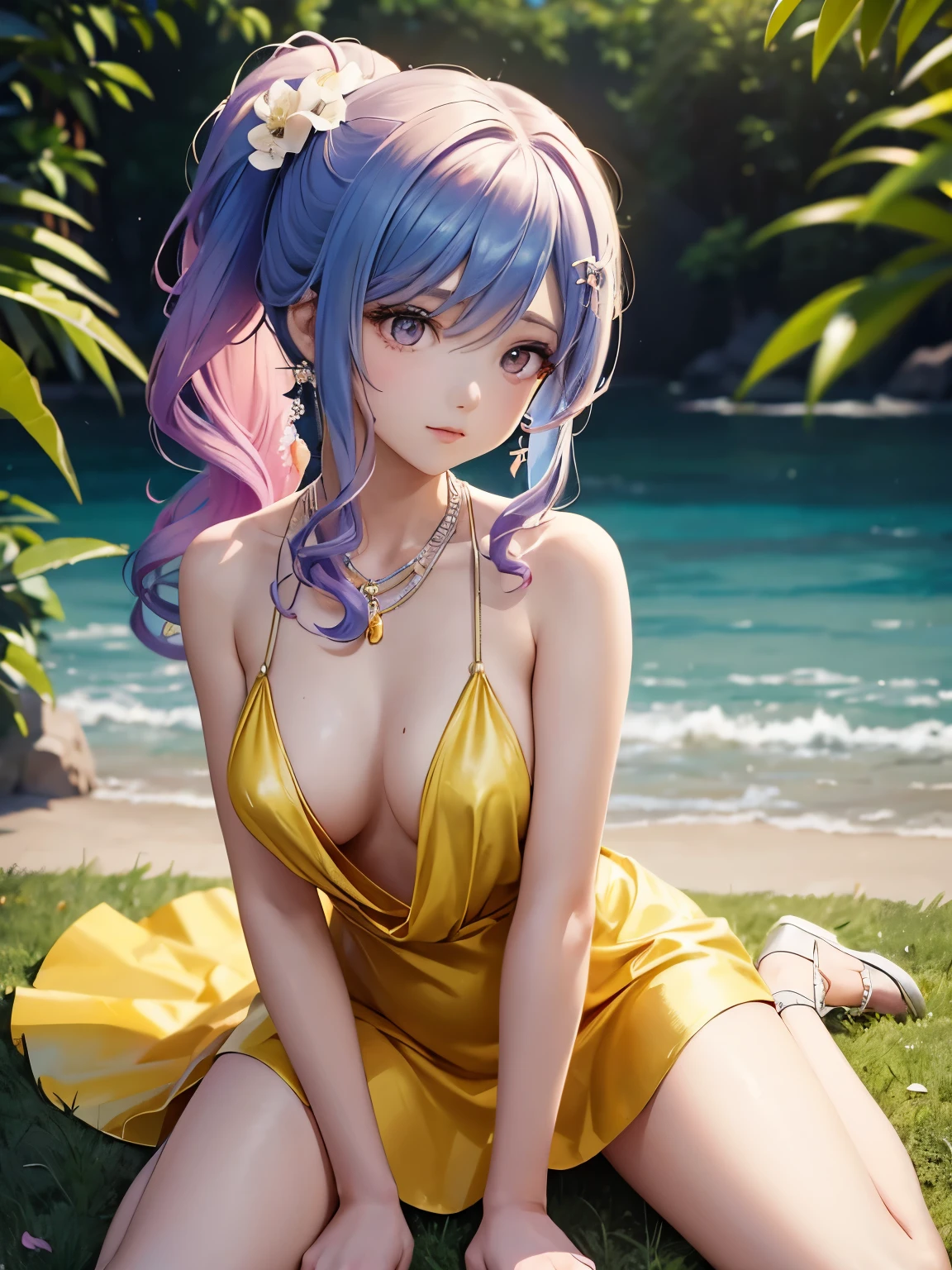anime girl sitting on the floor with a flower in her hair, beautiful anime girl, pretty anime girl, cute anime girl, attractive anime girl, an anime girl, seductive anime girl, young anime girl, anime girl, in a yellow hot dress, anime visual of a cute girl, cute anime waifu in a nice yellow hot dress, realistic young anime girl, beautiful anime portrait, beautiful, hot, blonde hair