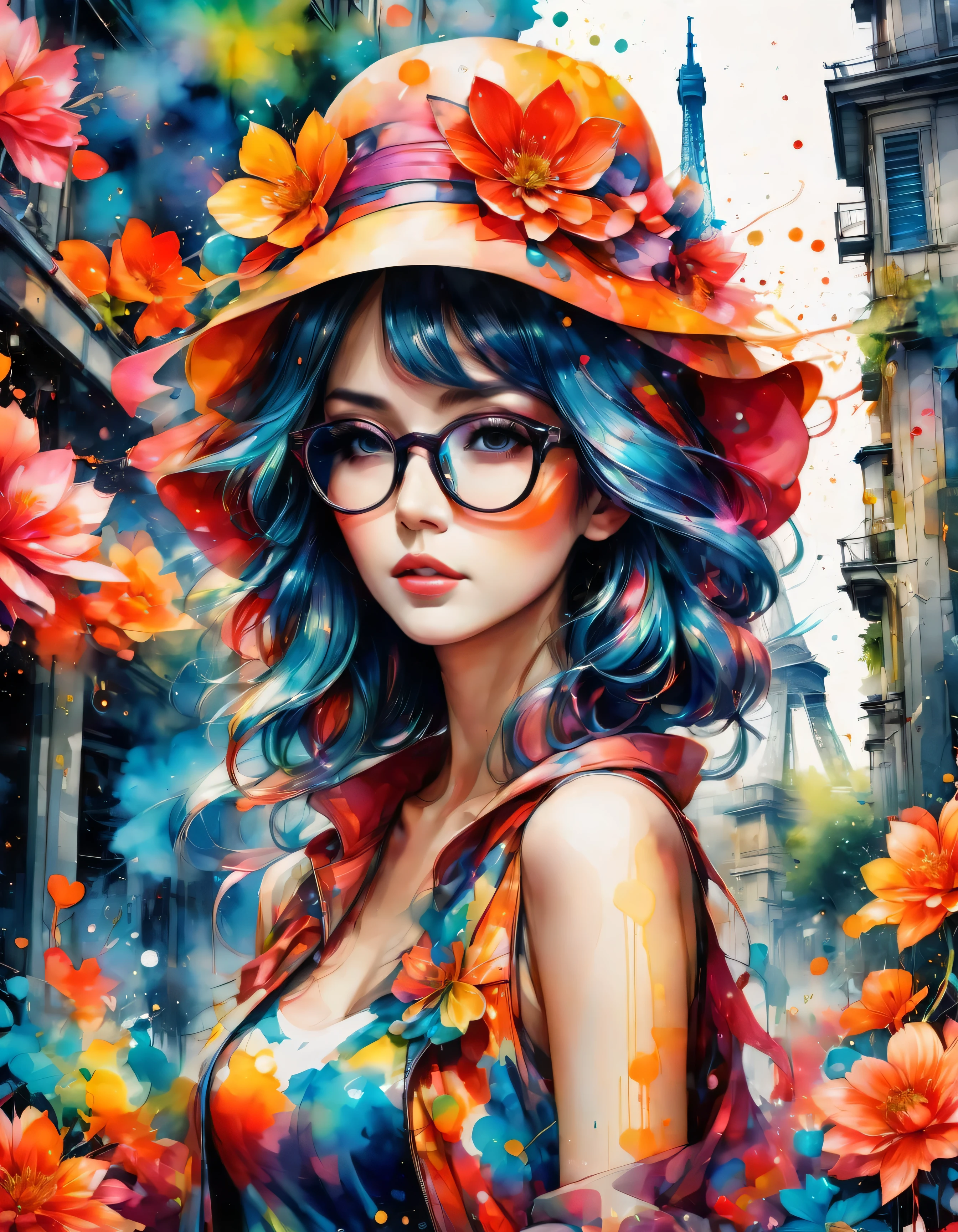 ink splatter, (Girls with ink all over their bodies), casual clothes, (colorful ink),8K quality, Sylvia Pelissero watercolors, intense watercolor, watercolor detailed art, watercolor splash, surreal, avant-garde pop art, Beautiful and expressive paintings, Beautiful artwork illustration, very colorful tones, wonderful, cool beauty, highest quality,official art, vector art,stylish design, (((The strongest beautiful girl of all time))), (((Japanese)))、Idol、clear, stylish glasses, Fashionable hats, (((highest quality))), bob hair, lips in love, HDR, ((Detailed details)), stylish fashion, detailed clothing texture, (((graffiti art))), colorful hair, ((masterpiece))、((Super detailed))、(((colorful flowers)))、Colorful Hearts、(((Paris cityscape)))