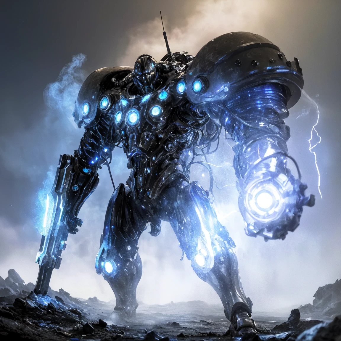 (best quality,4k,8k,highres,masterpiece:1.2),ultra-detailed,(realistic,photorealistic,photo-realistic:1.37),sci-fi,mecha,technological advanced,sharp focus,metallic surfaces,glowing lights,dark background,rugged textures,mechanical details,reflection,post-apocalyptic,action-packed,combat-ready,dynamic pose,sleek design,strong and powerful,complex mechanisms,high-tech gadgets,intense battle scene,attention-grabbing composition,detailed armor layers,precision engineering,color contrast,emerging from smoke and debris,electric blue lights,explosions,sci-fi energy effects,visually stunning,depth and dimension,vivid colors,exquisite craftsmanship,dramatic lighting.