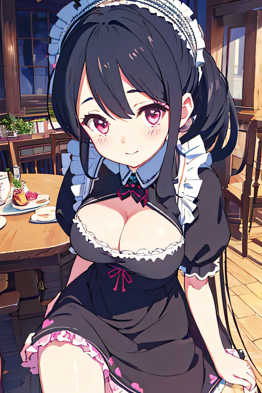 highest quality、High resolution、detailed background、Beautiful and dense face、beautiful and smooth skin、skin texture、cute10代の美少女、(huge breasts:1.3)、(realistic:1.3)、perfect body line、black hair braided ponytail、Calm atmosphere、
He looked at me with a happy expression.、laughter、smile、sexual expression、Tea time at the cafe、(Two women enjoy chatting at a cute cafe)、pinkと黒の花柄刺繍パンティー、pinkと黒の花柄刺繍ブラジャー、
Maid uniforms generally feature a dress or dress-like design.、(emphasize the chest服、胸のemphasize cleavage服、revealing clothing)、The voluminous skirt and cinched waist highlight the femininity and cuteness.、Frills and lace are often used、The collar has frills and lace.、, cuffs, and the hem of the skirt, Gives a soft impression.、
What is an apron?、It is the cloth that covers the body from the waist down, symbolizing the work of a maid.。.、pink, green, red, Check Pattern, heart pattern、Cute accessories such as ribbons, The headdress and apron are decorated with roses.、emphasize the chest、emphasize cleavage、cute、panty shot、camel toe