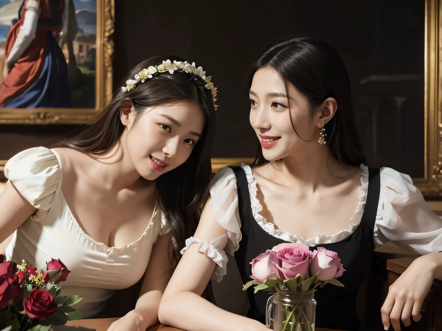 Giorgione painting style,Arguments of two female Philosophe,math、astronomical machine、astronaut、roses in vase、fruits、Cute trinkets、smile、ancient greek costume、Ancient Roman landscape in the style of Nicolas Poussin,laughter,,Sweet and seductive appearance.、Caravaggio's paintings、Chiaroscuro of Caravaggio、hair tousled by the wind,Two women frolicking,cute smile, expression of ecstasy,Sexy,erotic