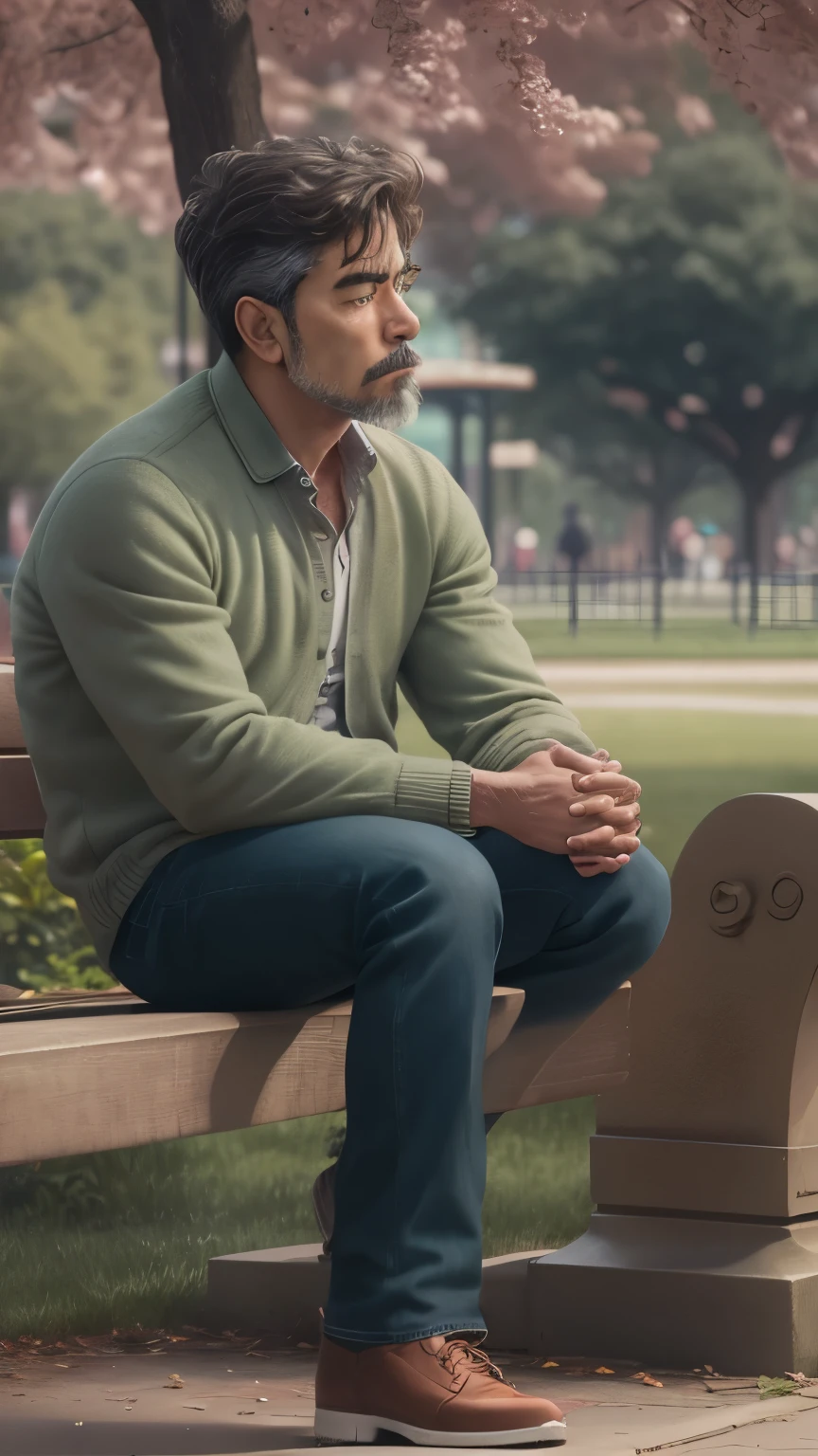 man sitting on bench in a park and pondering on life