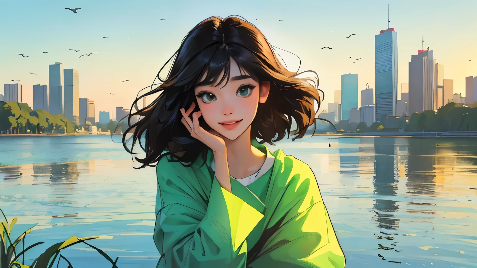 ((masterpiece)),(((bestquality))),((ultra-detailed)) realisticlying, 1 girl, Beautiful, black hair, happy, solo, The sky morning, looking to viewer, soft green, city, lake.