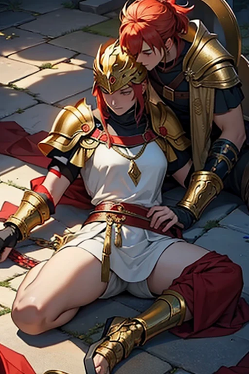king with golden armor with red shadow power with two chained swords similar to Kratos' closed golden helmet on a medieval warfield injured and lying on the ground near his wife,WOMAN, big woman