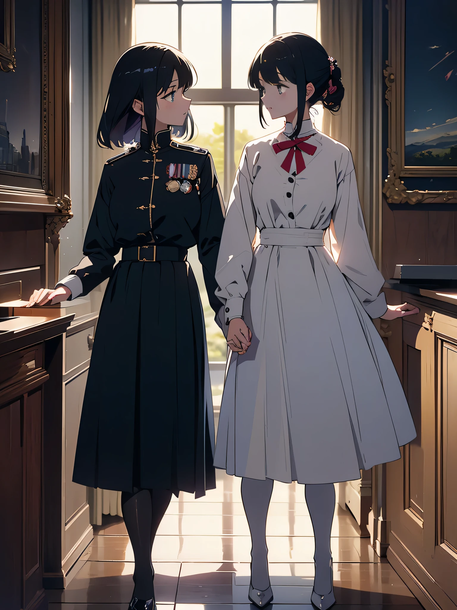 (highest quality、masterpiece、High resolution、be familiar with)、(shining eyes、be familiar withbeautiful顔)、romance student, Two female students in uniform, lesbian couple, tall and thin, beautiful, Alumni Association, classmate、beautifulアニメ