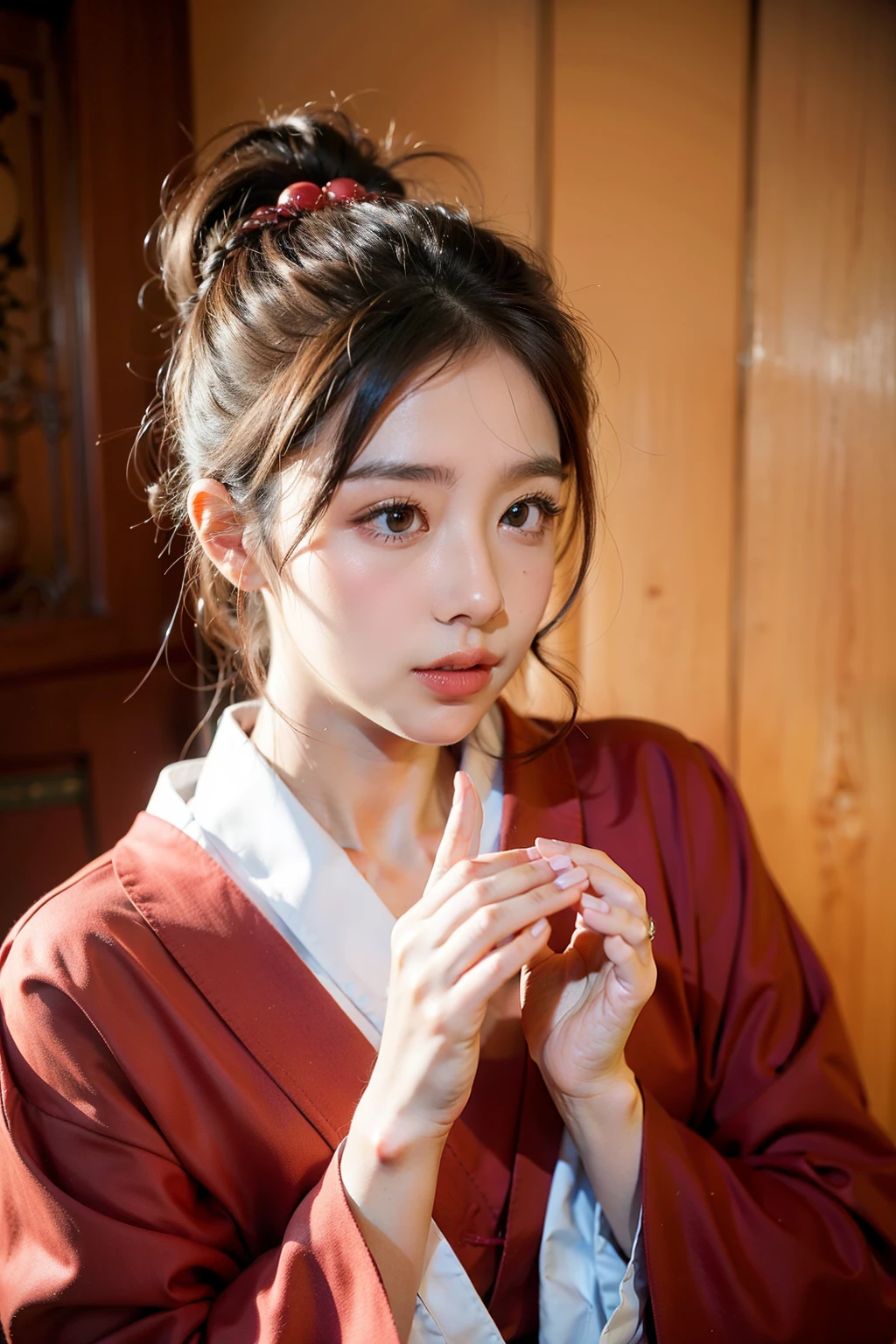 Angelic face,Pretty little nose,Cute mouth,ruddy and soft。Wearing Japanese style red clothes,There are grain patterns on it,Perfect figure under the decoration of clothes,More tempting。comic style