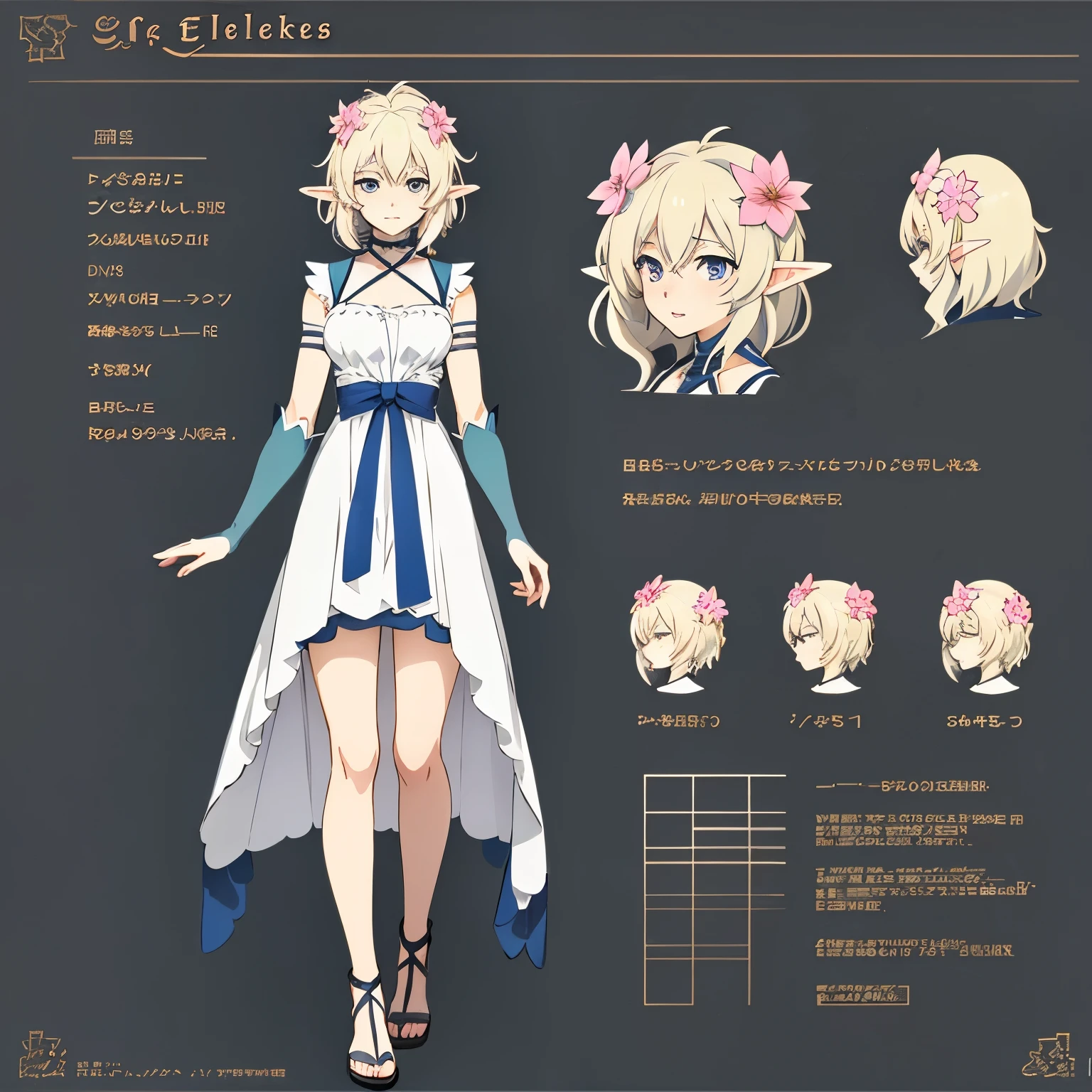 anime - style image of a character elf princess with a big flower of hair and accessories, anime set style, anime character reference sheet, dress, flat anime style, anime full body illustration, full_body!!, complete detailed body, extra detailed body, anime vtuber full body model, soft anime illustration, anime style character, clean detailed anime style,