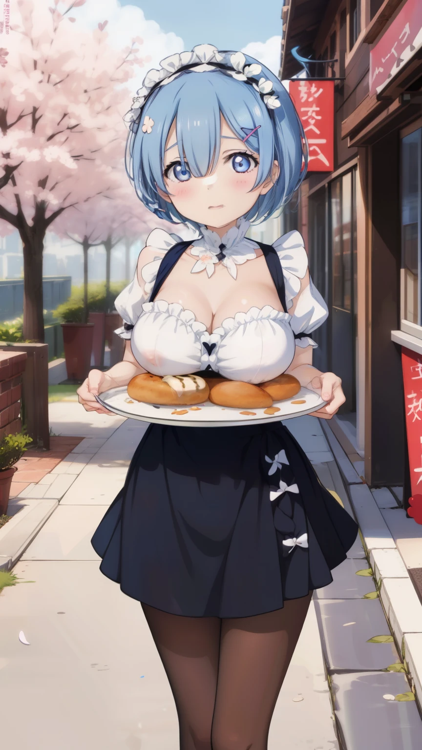 Rem from Re:Zero、light blue hair、short hair、table top、High resolution、many girls multiple girls、large crowd、lots of cute girls、big and full breasts、naughty body、See-through、throw、、whole body、Are standing、Look up at me、confused face、blush、embarrassing、Excited、white breath、black pantyhose、female shape&#39;Private parts are clearly visible、I can see your nipples、white shirt、navy check skirt、micro mini skirt、very short skirt、bakery、Outside the store、spring、Cherry blossom trees、SakuraFubuki、Many people々々々々々々、in the crowd、bare chest、show your chest、while holding the tray、place the chest on the tray、Upper grade、A lot of milk comes out from the nipples、Breast milk gushes from the nipple、猫耳waitress服、waitress、blue gingham maid outfit、bangs that cover one eye、pink hairpin、