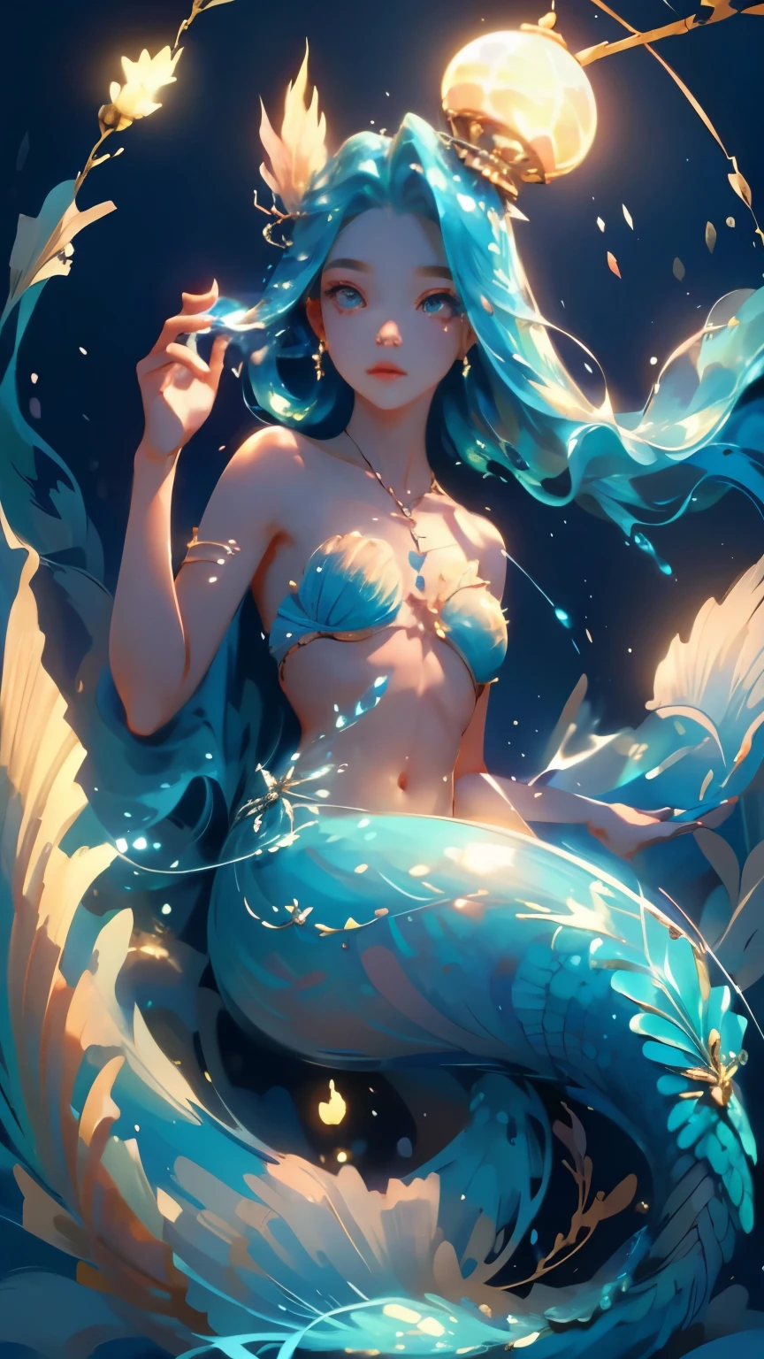 1 mermaid，masterpiece, (best quality: 1.2), (Ultra-fine: 1.2), illustration, (extremely delicate and beautiful: 1.2), film angle, floating, (beautiful details eyes: 1.1), (细节lamp: 1.1), lamp,