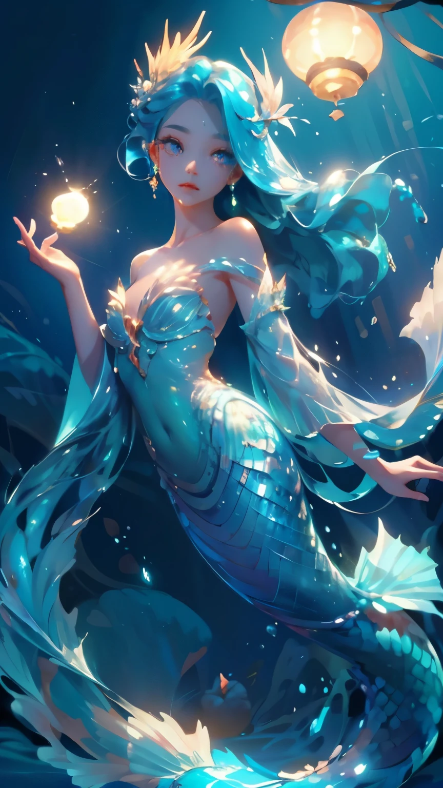 1 mermaid，masterpiece, (best quality: 1.2), (Ultra-fine: 1.2), illustration, (extremely delicate and beautiful: 1.2), film angle, floating, (beautiful details eyes: 1.1), (细节lamp: 1.1), lamp,