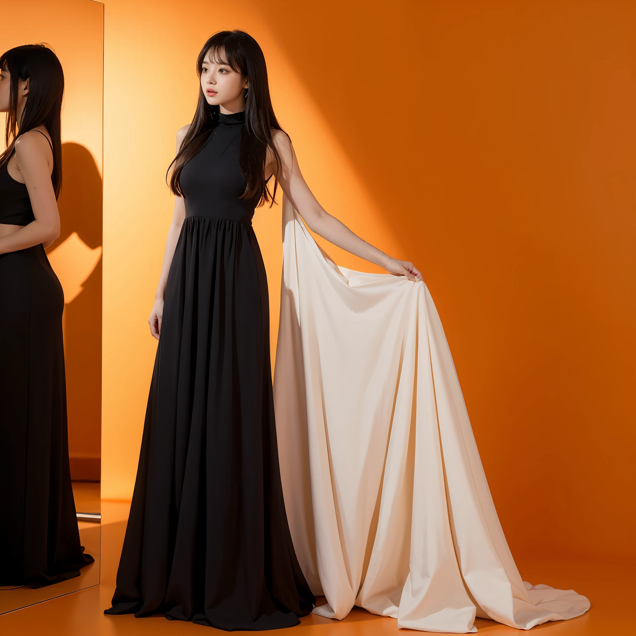 1girl,hair with bangs,black long dress,orange background,