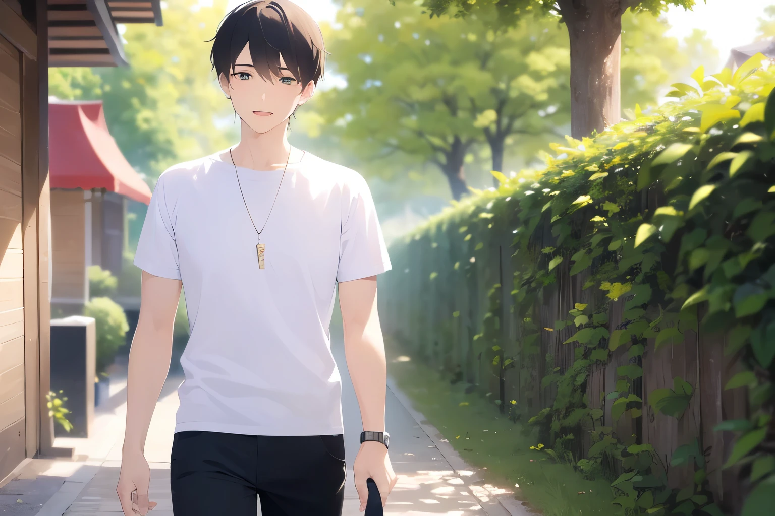 look back, masterpiece、highest quality、(25 year old male:1.5) and (brown short hair) and (green eyes), wearing a white T-shirt、walking、smile、open mouth, The background is a park、(Alone:1.5)、Upper body is shown、