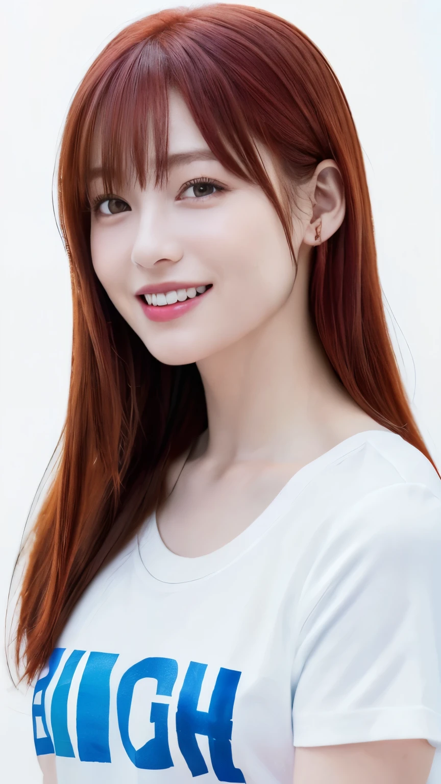 (highest quality、8K、32k、masterpiece)、(realistic)、(Photoreal:1.2)、(High resolution)、Super detailed、very beautiful face and eyes、1 girl、round and small face、thin waist、delicate body、(close、highest quality、high detail、Rich skin details)、(highest quality、8K、oil paint:1.2)、Super detailed、(realistic、realistic:1.37)、bright colors、(((bust shot)))、(((red hair)))、(((long hair)))、(((pure white wall background)))、(((pure white wall background)))、(((Dressed in blue)))、(((She has a happy expression)))、(((laughter)))、(((Wearing a blue T-shirt)))、(((look straight ahead)))、(((This is a shirt with kanji written on it.)))、(((touching my lips)))、