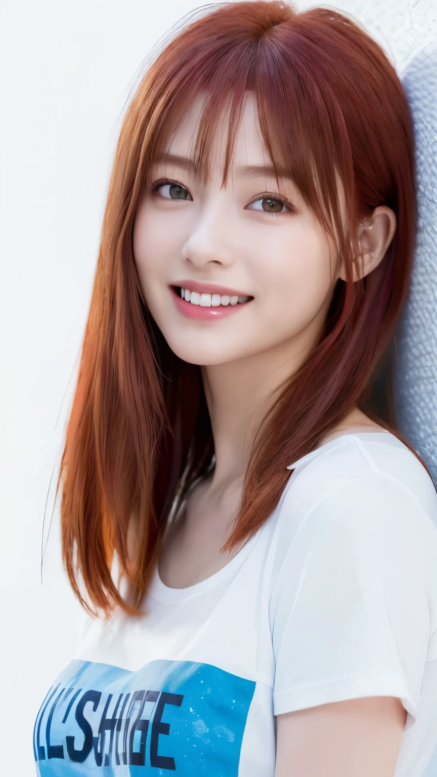 (highest quality、8K、32k、masterpiece)、(realistic)、(Photoreal:1.2)、(High resolution)、Super detailed、very beautiful face and eyes、1 girl、round and small face、thin waist、delicate body、(close、highest quality、high detail、Rich skin details)、(highest quality、8K、oil paint:1.2)、Super detailed、(realistic、realistic:1.37)、bright colors、(((bust shot)))、(((red hair)))、(((long hair)))、(((pure white wall background)))、(((pure white wall background)))、(((Dressed in blue)))、(((She has a happy expression)))、(((laughter)))、(((Wearing a blue T-shirt)))、(((look straight ahead)))、(((This is a shirt with numbers written on it..)))、(((touching my head)))、