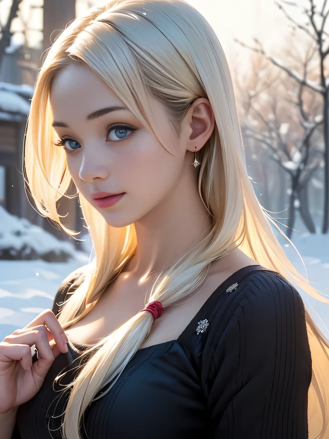 (highest quality, 8K, High resolution, realistic:2.0), (((alone, one girl:2.0))),(lit: front),(lit: strong),(ultimate beautiful girl:2.0),(shiny skin),(oily skin),(platinum blonde hair:1.3),(straight long hair:2.0),blush brown makeup , dark eye makeup , use pink glossy lipstick,(girl with big beady eyes:1.5),((round face, smile, big breasts,big ass))、flushed complexion、((upper body portrait)) 、((snowy winter outdoors))、(anatomically correct)、(perfect body proportions)、 ((perfect hands))、 (((perfect fingers)))、(oily skin:1.5)、