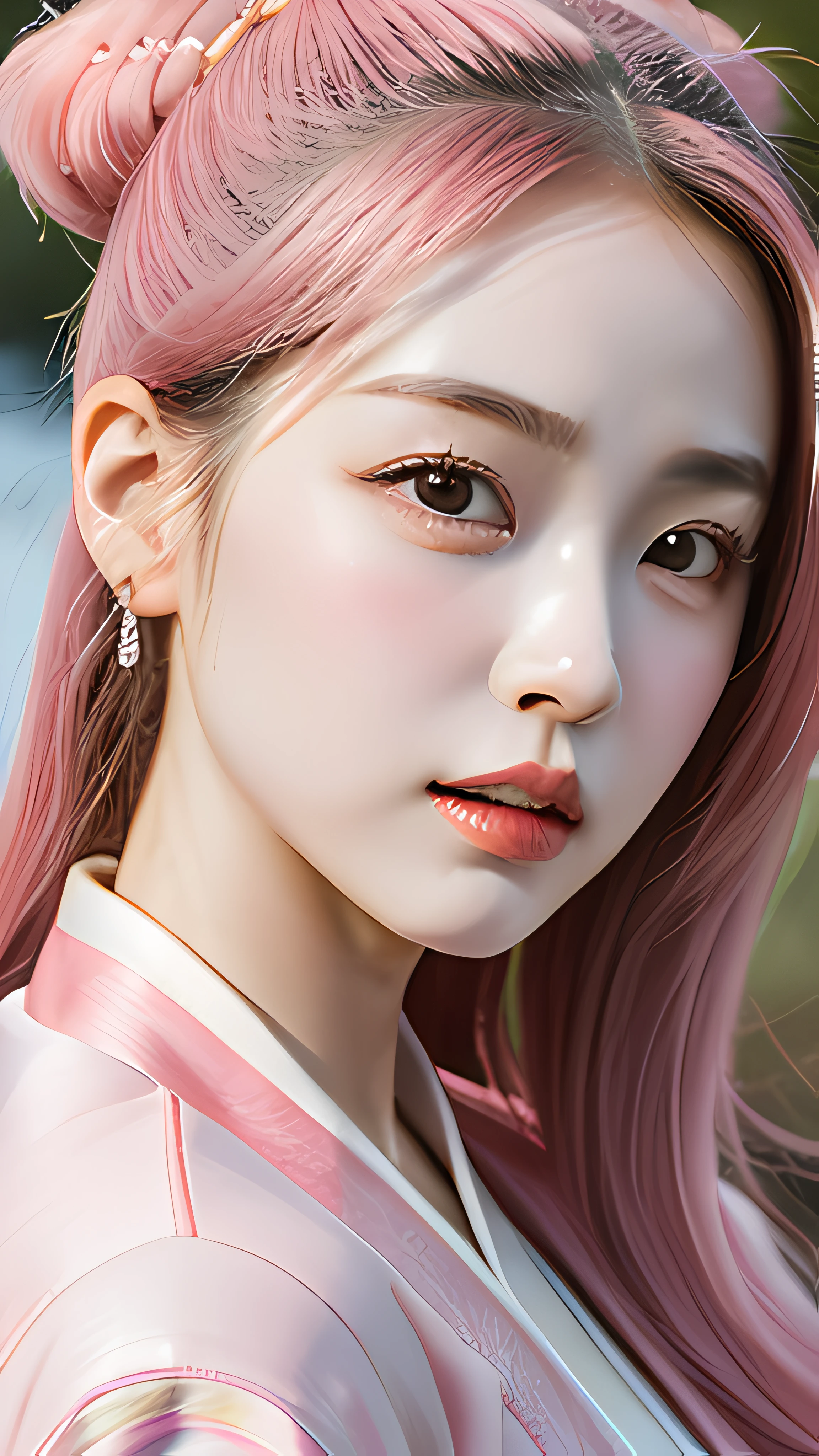 Goose-faced girl,seminude,Face straight to the camera,The mouth is fully open,Pink emanates,Light yellow Hanfu,Foto realism,ultra - detailed,coloured photo(mediuml breasts:0.8)