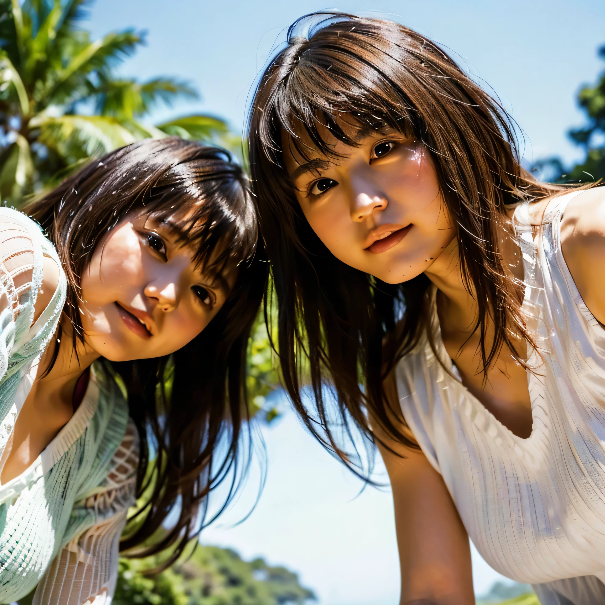 to kiss、identical twin sisters、(highest quality, High resolution, masterpiece, realistic:1.2),(HDR, bright colors),2 girls, Japanese, not wearing anything, big , Slender and slender body, beautiful face, detailed facial features, Pose for a photo,outdoor, professional dynamic lighting, (close:1.3, seen from below), detailed expression, natural pose, green background with fog, cool tone, cozy atmosphere, photon mapping