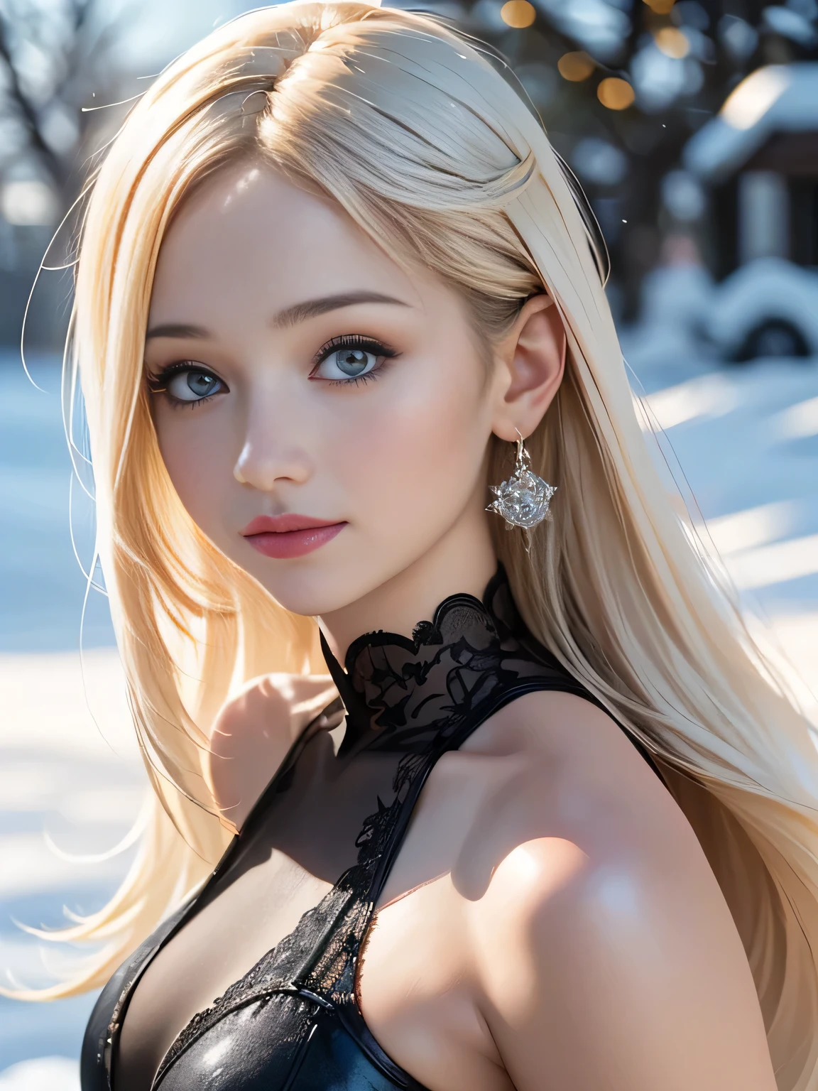 (highest quality, 8K, High resolution, realistic:2.0), (((alone, one girl:2.0))),(lit: front),(lit: strong),(ultimate beautiful girl:2.0),(shiny skin),(oily skin),(platinum blonde hair:1.3),(straight long hair:2.0),blush brown makeup , dark eye makeup , use pink glossy lipstick,(girl with big beady eyes:1.5),((round face, smile, big breasts,big ass))、flushed complexion、((upper body portrait)) 、((snowy winter outdoors))、(anatomically correct)、(perfect body proportions)、 ((perfect hands))、 (((perfect fingers)))、(oily skin:1.5)、