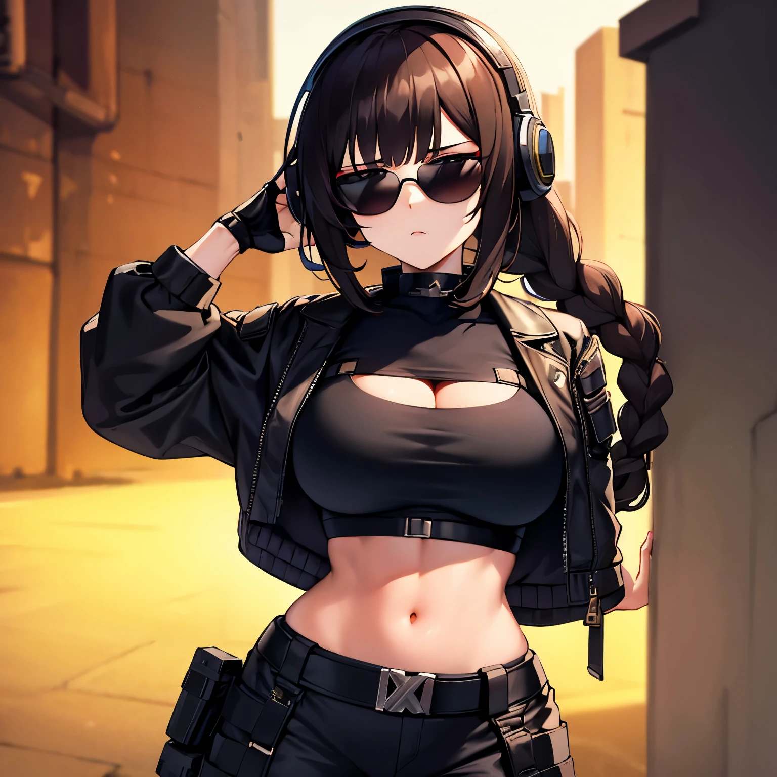Beautiful brunette cyberpunk girl, she has a bionic arm, her hair is done up in a braided ponytail, she's wearing baggy cargo pants, she's wearing a tight black crop top, she's wearing an oversized jacket, she has very wide hips, she's wearing sunglasses, wearing headphones